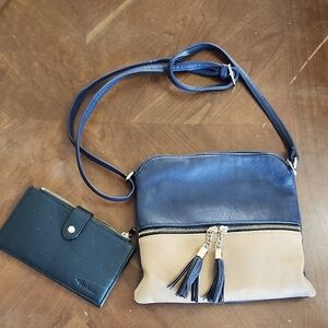 Navy and Beige Two-Tone Tassel Crossbody Bag